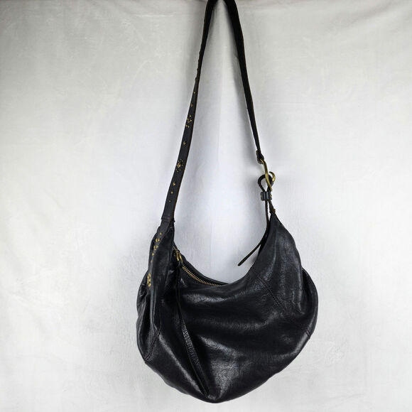 Lucky Brand Black Genuine Leather Retro Y2K Brass Studded Hobo Shoulder Bag - Picture 5 of 11
